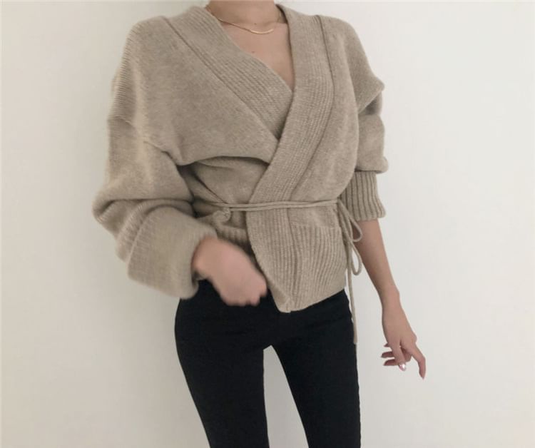 Wrapped V-Neck Knit Cardigan with Sash SpreePicky