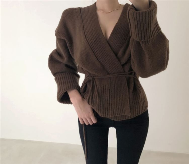 Wrapped V-Neck Knit Cardigan with Sash SpreePicky