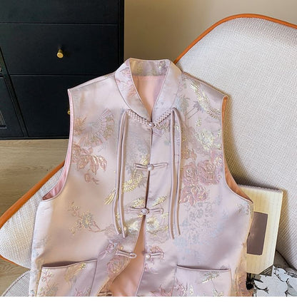 Floral Pocket Detail Frog-Button Single-Breasted Hanfu Vest SpreePicky