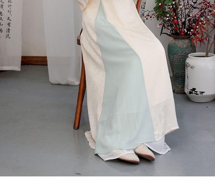 Flared-Sleeve Two Tone Maxi Hanfu Dress / Mid Rise Plain Wide Leg Pants SpreePicky