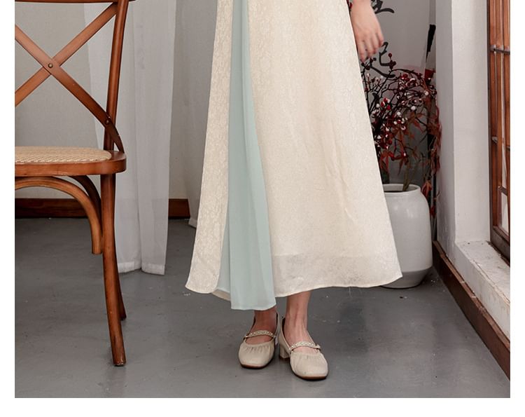 Flared-Sleeve Two Tone Maxi Hanfu Dress / Mid Rise Plain Wide Leg Pants SpreePicky