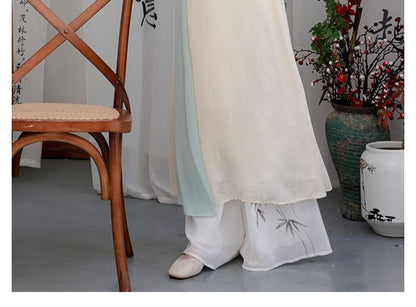 Flared-Sleeve Two Tone Maxi Hanfu Dress / Mid Rise Plain Wide Leg Pants SpreePicky