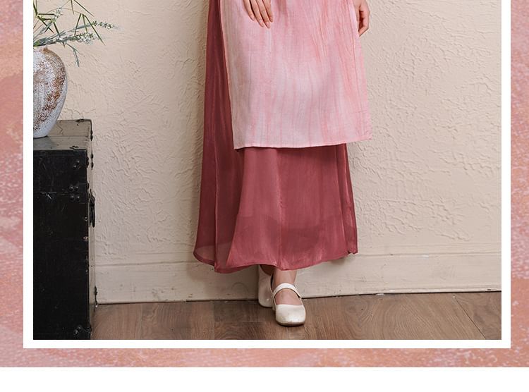 Elbow-Sleeve Striped Side-Slit Midi Hanfu Dress / Mid Rise Plain Maxi A-Line Skirt / Set SpreePicky