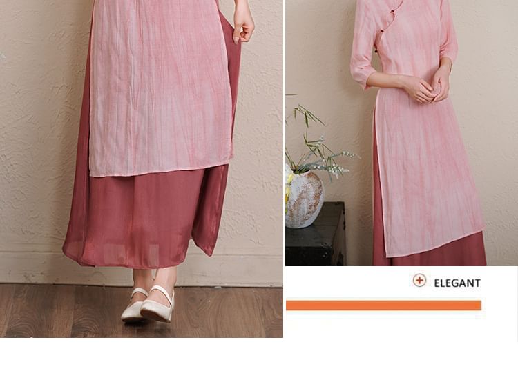 Elbow-Sleeve Striped Side-Slit Midi Hanfu Dress / Mid Rise Plain Maxi A-Line Skirt / Set SpreePicky