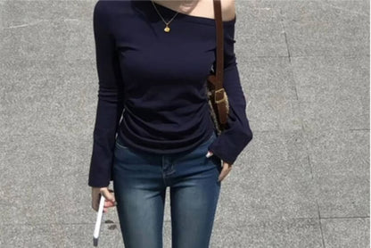 Long Sleeve One Shoulder Plain Top SpreePicky