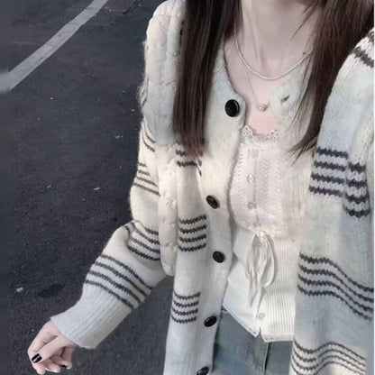 Round Neck Striped Cardigan SpreePicky