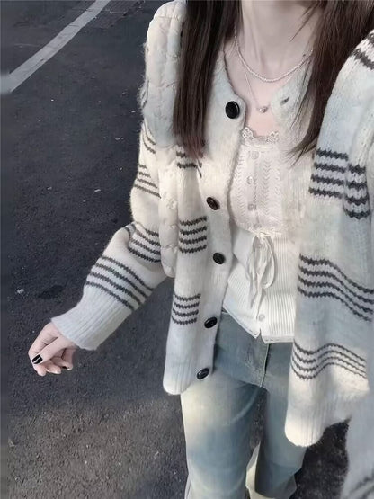 Round Neck Striped Cardigan SpreePicky