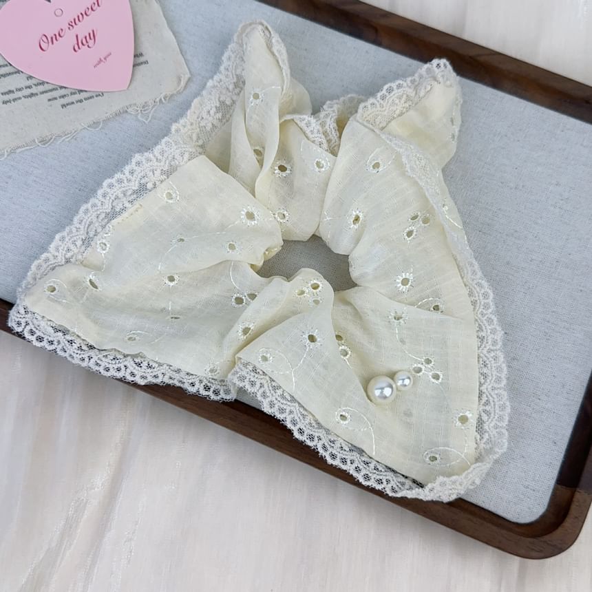 Lace-Trim Faux Pearl Accent Scrunchie SpreePicky