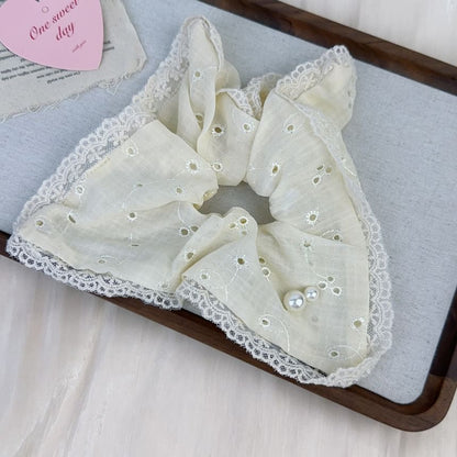 Lace-Trim Faux Pearl Accent Scrunchie SpreePicky