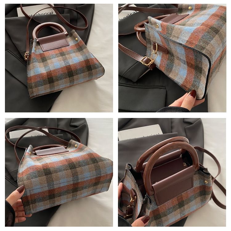 Set: Plaid Shoulder Bag + Plain Faux Leather Pouch SpreePicky