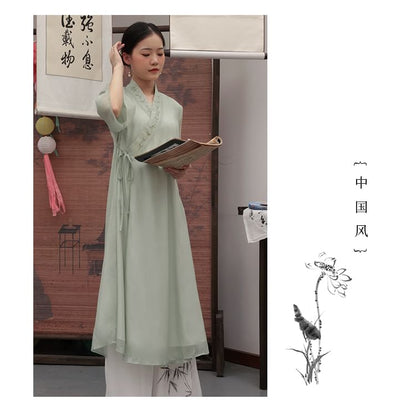 Traditional Chinese 3/4-Sleeve Midi A-Line Dress / Pants SpreePicky