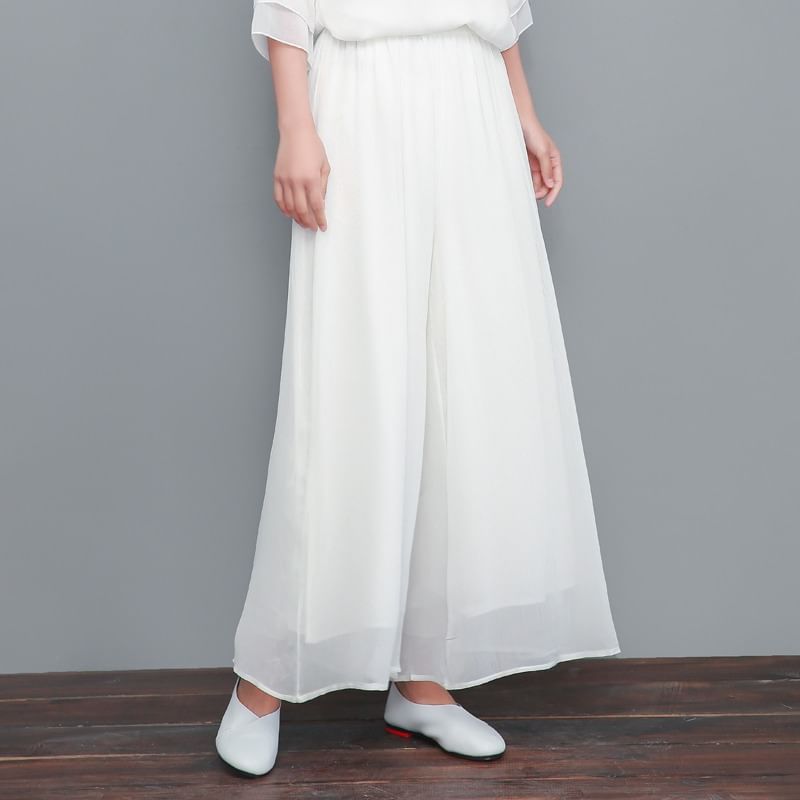 Traditional Chinese Long-Sleeve Print Maxi A-Line Dress / Wide Leg Pants SpreePicky