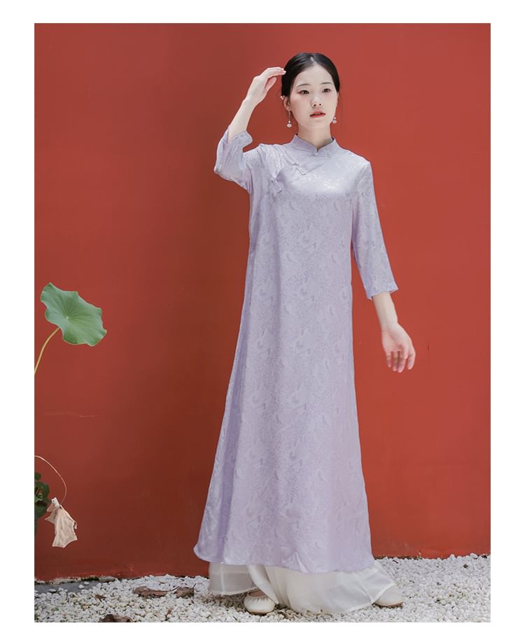 Traditional Chinese Long-Sleeve Print Maxi A-Line Dress / Wide Leg Pants SpreePicky