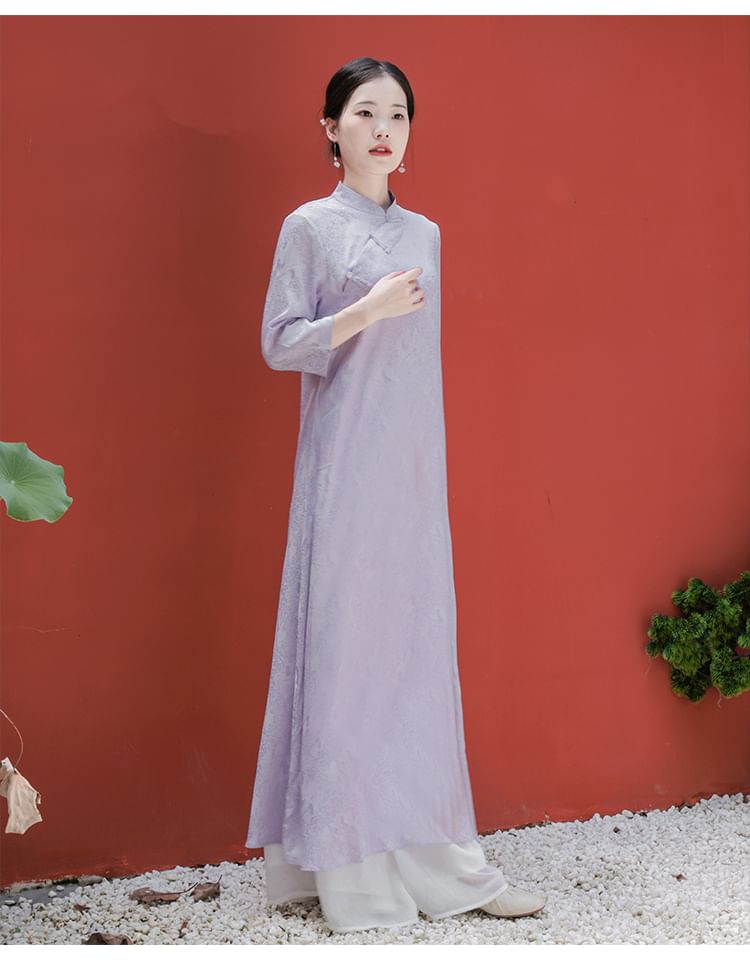 Traditional Chinese Long-Sleeve Print Maxi A-Line Dress / Wide Leg Pants SpreePicky