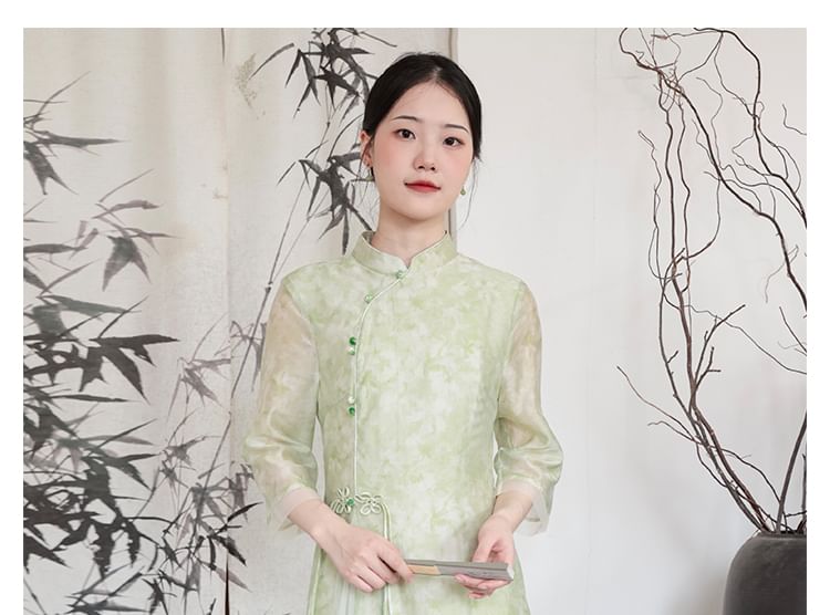 Traditional Chinese Long-Sleeve Print Maxi A-Line Dress / Pants SpreePicky