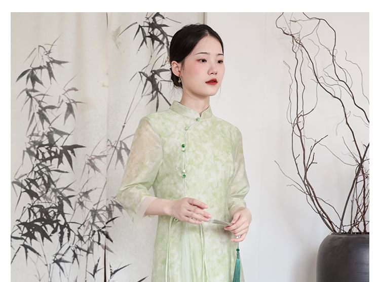 Traditional Chinese Long-Sleeve Print Maxi A-Line Dress / Pants SpreePicky