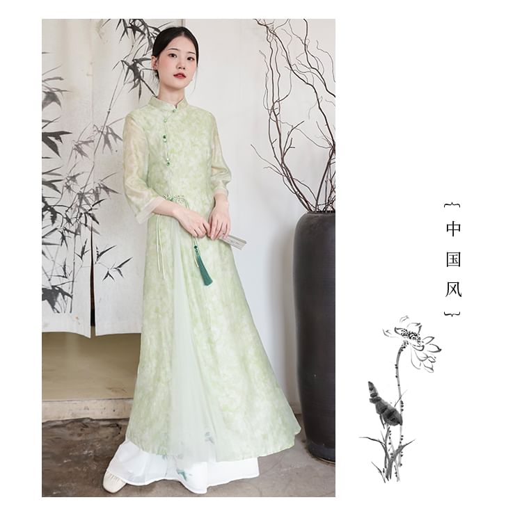 Traditional Chinese Long-Sleeve Print Maxi A-Line Dress / Pants SpreePicky