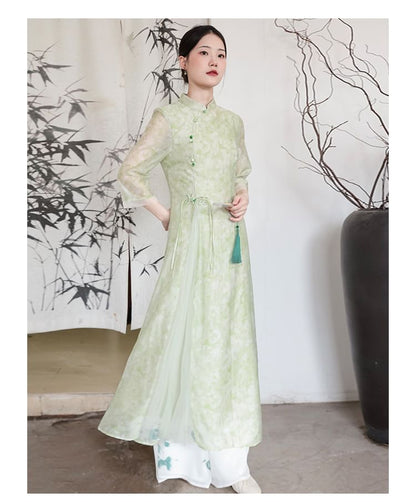 Traditional Chinese Long-Sleeve Print Maxi A-Line Dress / Pants SpreePicky