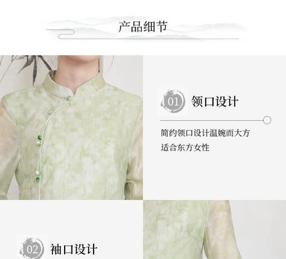 Traditional Chinese Long-Sleeve Print Maxi A-Line Dress / Pants SpreePicky