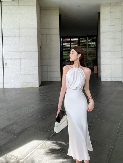 Halter Neck Plain Ruched Slit Satin Midi Mermaid Wedding Dress SpreePicky