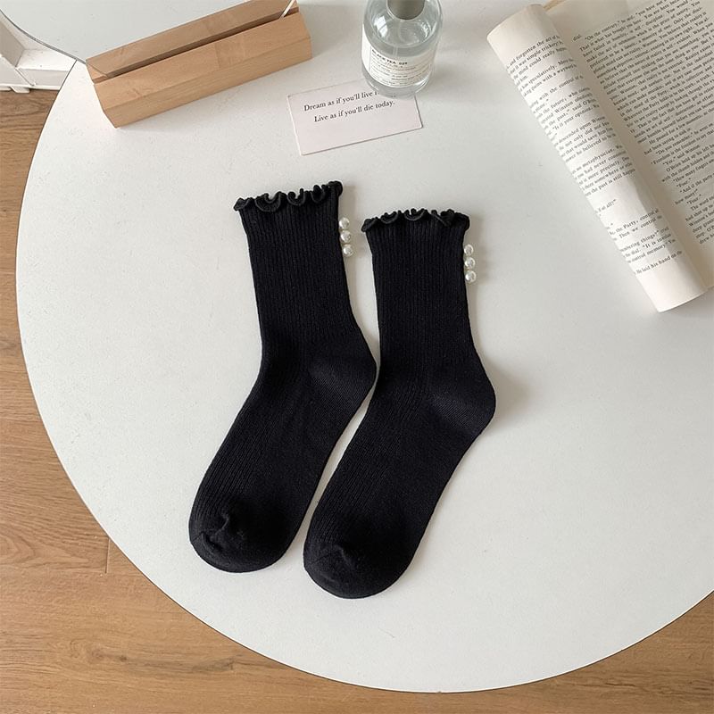 Lettuce Edge Faux Pearl Ribbed Socks / Set SpreePicky