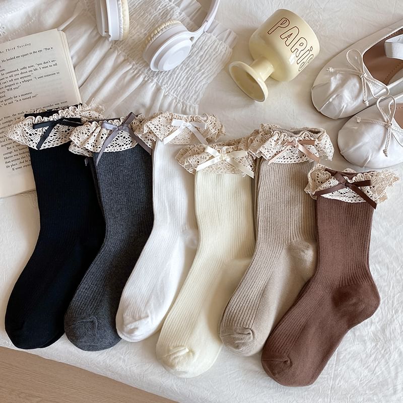 Bow Lace Trim Ribbed Socks / Set SpreePicky