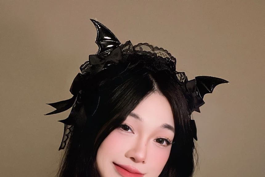 Set:  Halloween Devil Wings Bow Hair Clip + Lace Headband SpreePicky