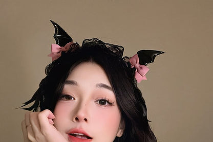 Set:  Halloween Devil Wings Bow Hair Clip + Lace Headband SpreePicky