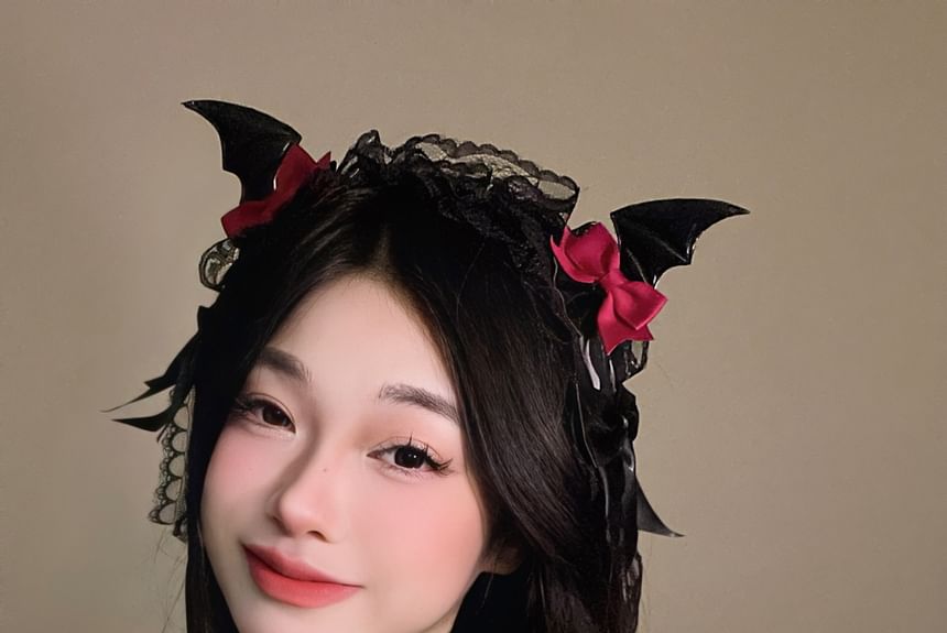 Set:  Halloween Devil Wings Bow Hair Clip + Lace Headband SpreePicky