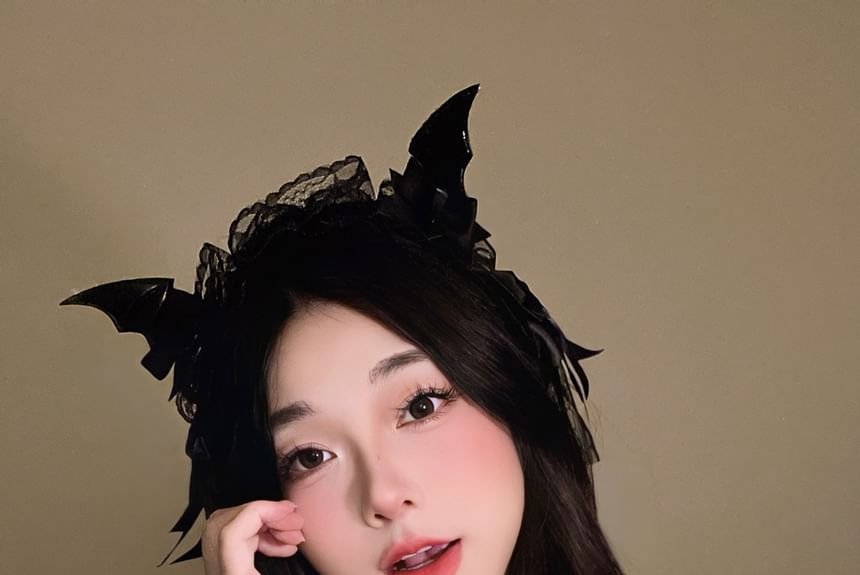 Set:  Halloween Devil Wings Bow Hair Clip + Lace Headband SpreePicky