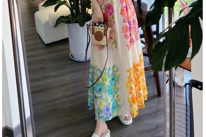 Ruffle Sleeveless V-Neck Floral Print Maxi Sun Dress SpreePicky