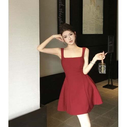 Sleeveless Square Neck Plain A-Line Mini Dress SpreePicky