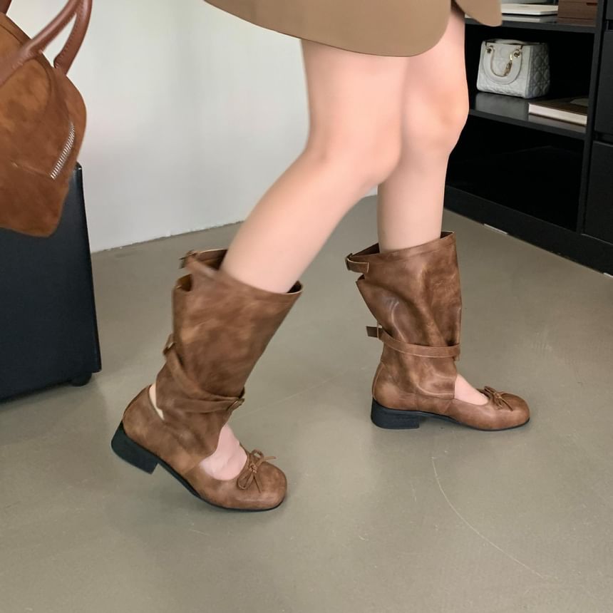 Low Heel Cutout Bowknot Mid Calf Boots SpreePicky