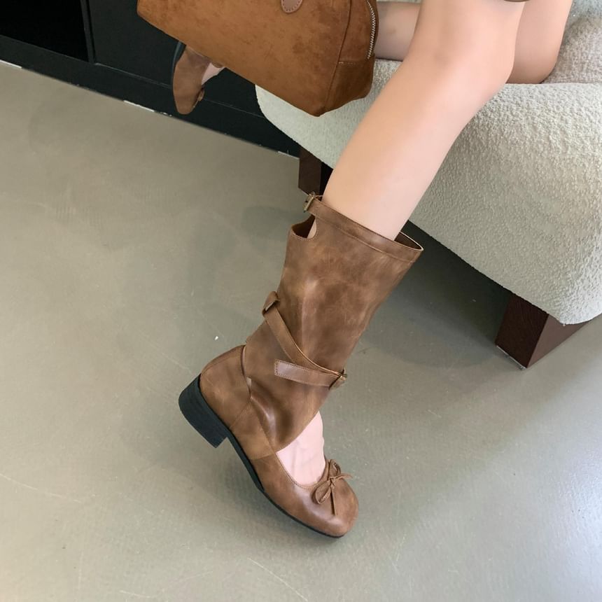 Low Heel Cutout Bowknot Mid Calf Boots SpreePicky