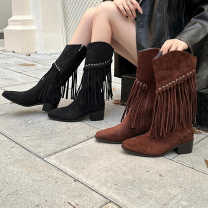 Fringe Block Heel Mid-Calf Boots SpreePicky