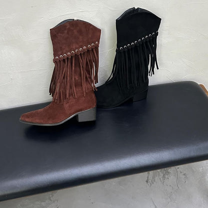 Fringe Block Heel Mid-Calf Boots SpreePicky