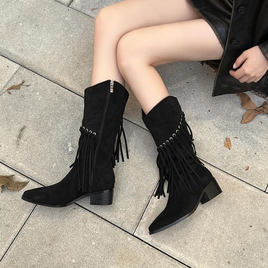 Fringe Block Heel Mid-Calf Boots SpreePicky