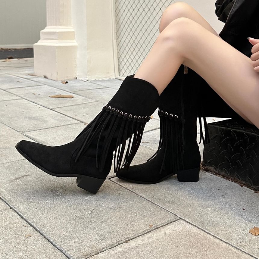 Fringe Block Heel Mid-Calf Boots SpreePicky