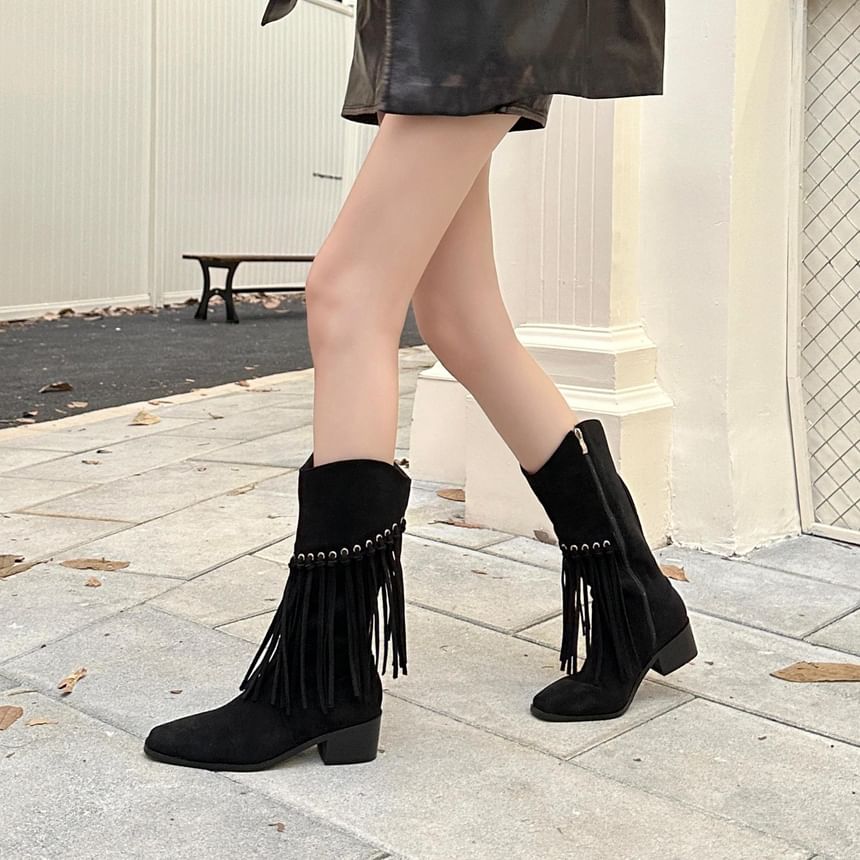 Fringe Block Heel Mid-Calf Boots SpreePicky