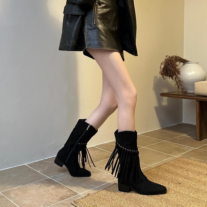 Fringe Block Heel Mid-Calf Boots SpreePicky