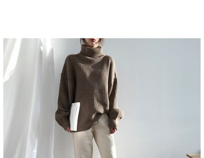 Bubble-Sleeve High-Neck Ribbed Sweater SpreePicky