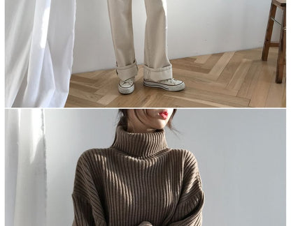 Bubble-Sleeve High-Neck Ribbed Sweater SpreePicky