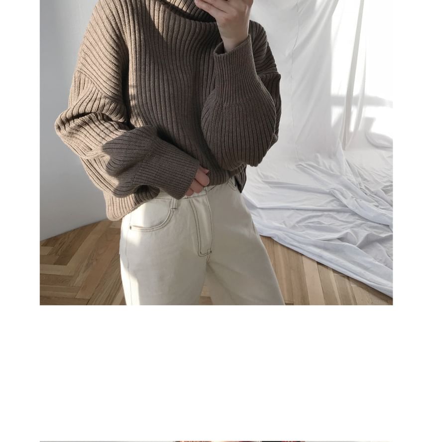 Bubble-Sleeve High-Neck Ribbed Sweater SpreePicky