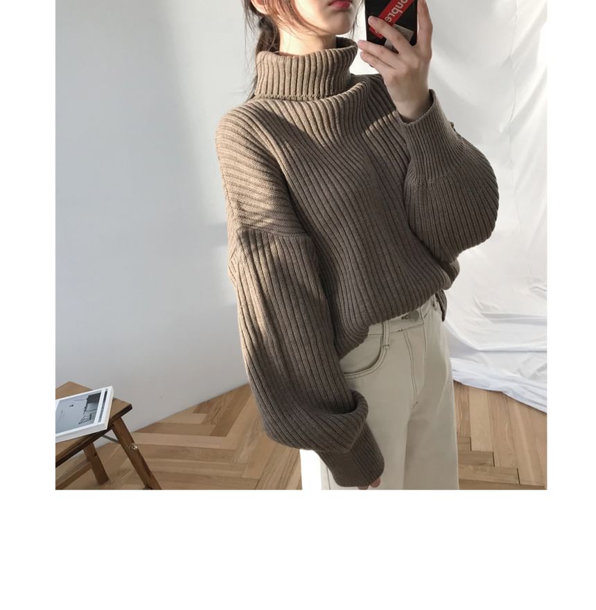 Bubble-Sleeve High-Neck Ribbed Sweater SpreePicky