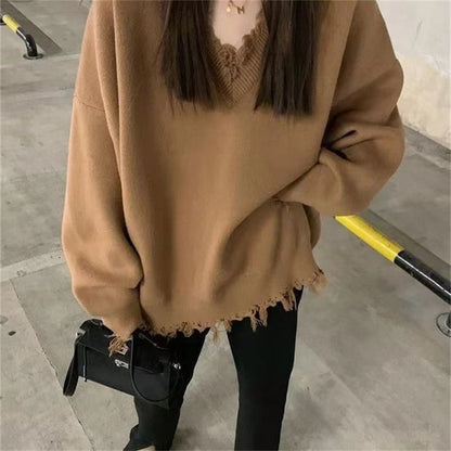 Oversized Distressed V-Neck Sweater SpreePicky