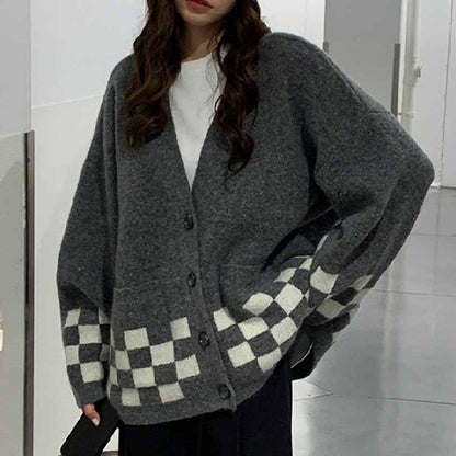 Oversized Checker V-Neck Cardigan SpreePicky