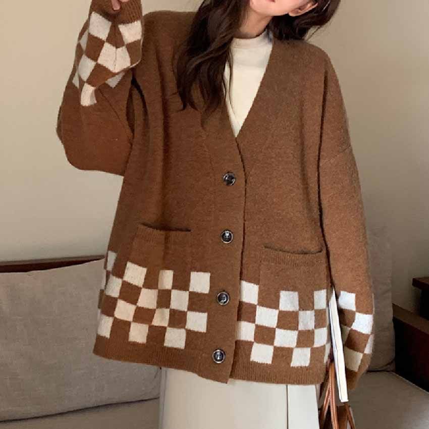 Oversized Checker V-Neck Cardigan SpreePicky