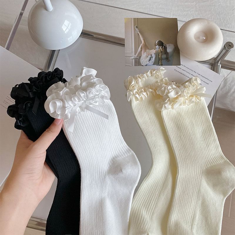 Bow Ruffle Trim Ribbed Socks SpreePicky