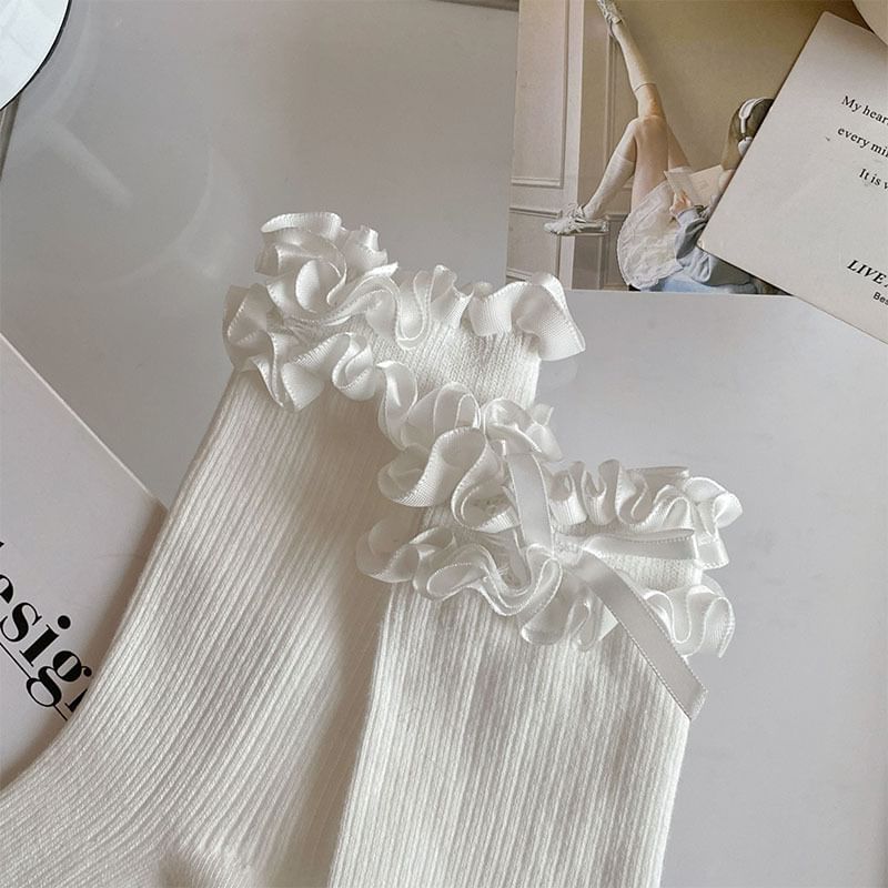 Bow Ruffle Trim Ribbed Socks SpreePicky