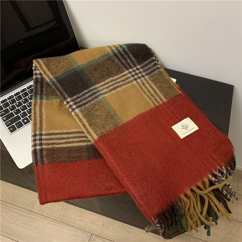 Plaid Applique Fringed Trim Scarf SpreePicky